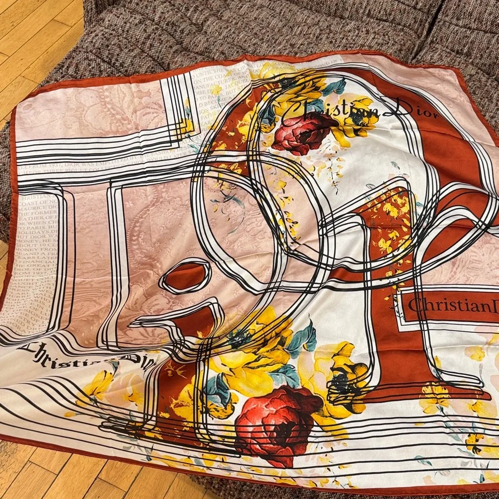 Dior Floral Logo Scarf — Red, Yellow, Teal, Cream